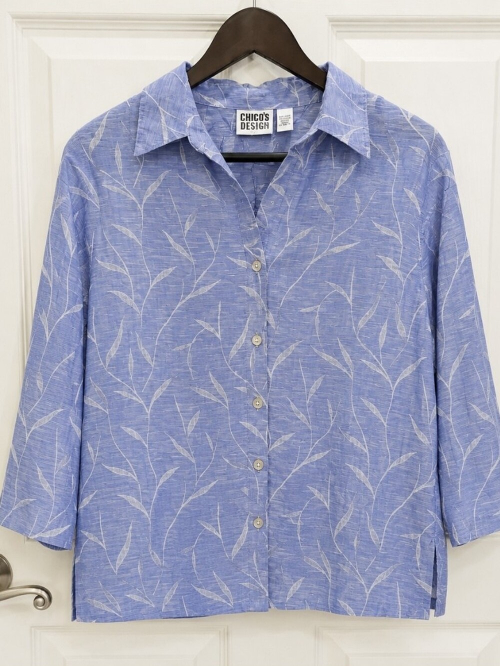 Chicos Design Blue Linen Blend Floral Jacquard Blouse Sz 2 (Lg)